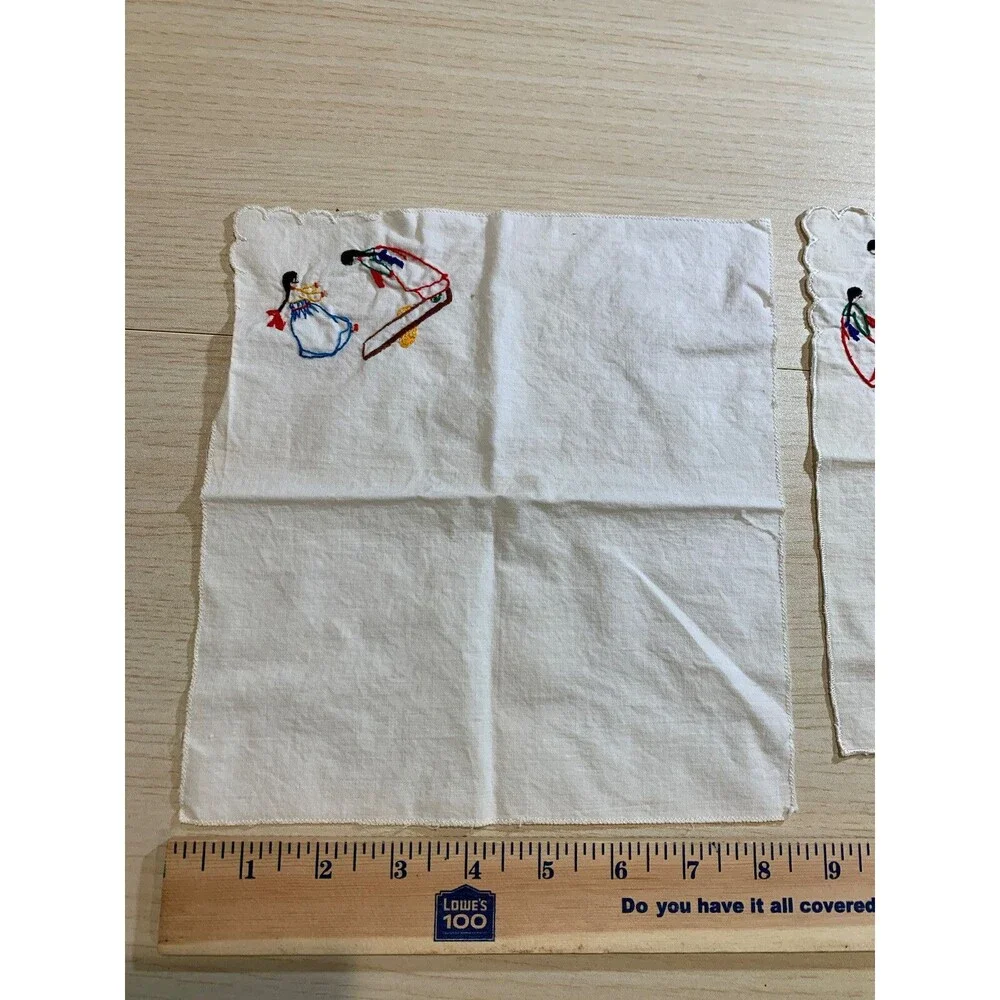 Vintage 2 Square Hankies, Hanky, Embroidered 2 Girls playing on one corner 8.5